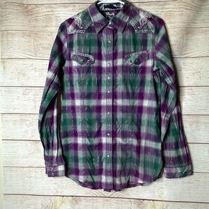 Western Rock 47 Wrangler Purple Green Embroidered Snap Cowgirl Shirt Women's M